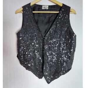 Cee Cee Sequin Vest Black Solid Sleeveless 100% Silk Women Size S